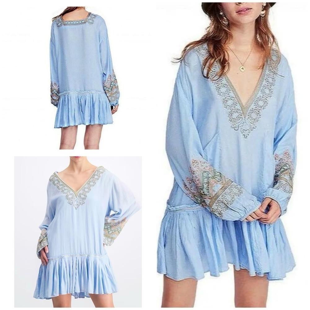 Free People Wild One Embroidered Peasant Boho Blue Skies Dress S​​​​​